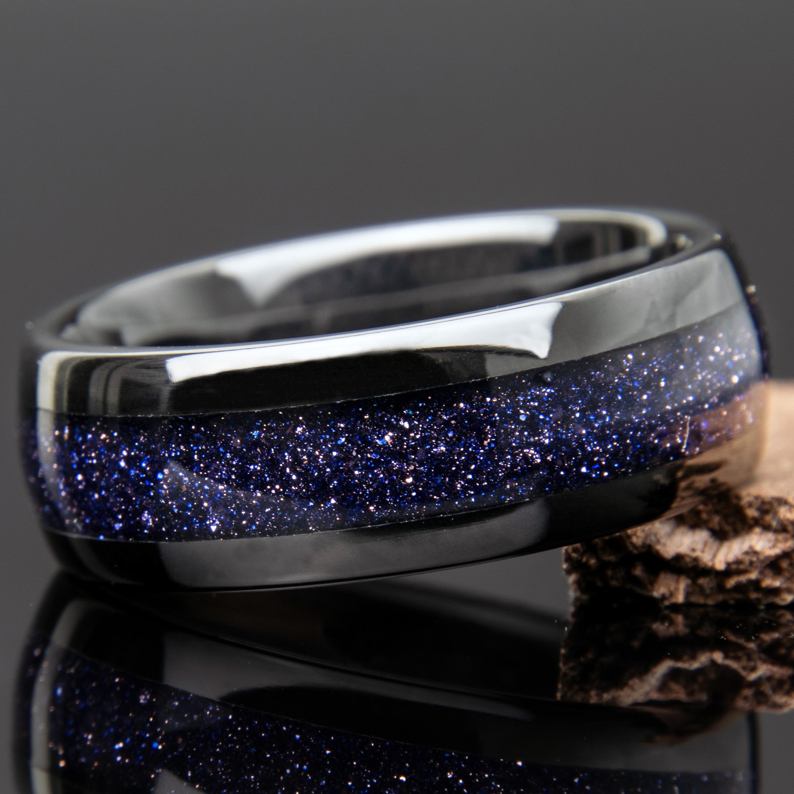 Blue Goldstone Starry Night Ring With Black Ceramic Band Copperbeard Jewelry