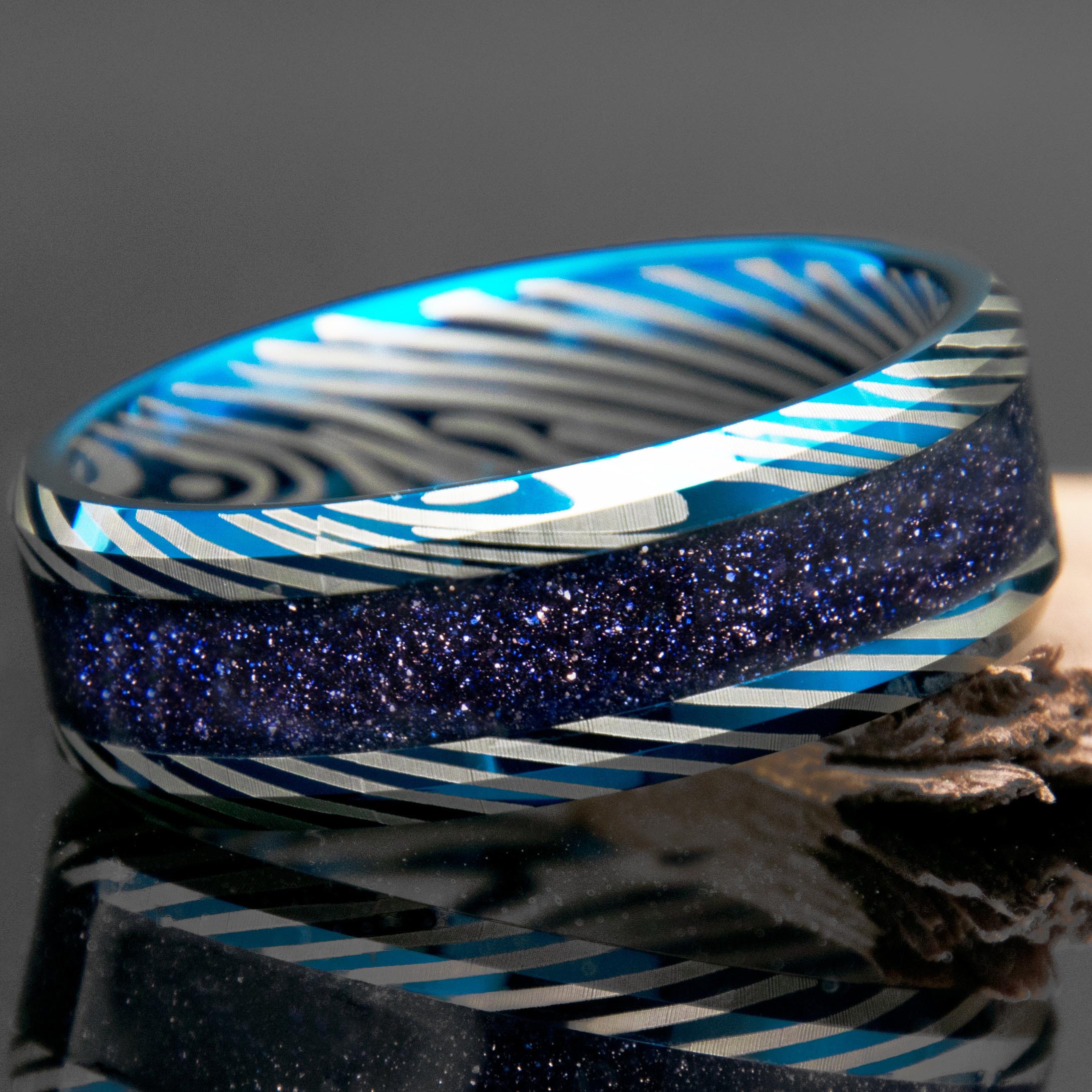 Deep Starry Night Tungsten Damascus Ring With Blue Goldstone Inlay Copperbeard Jewelry