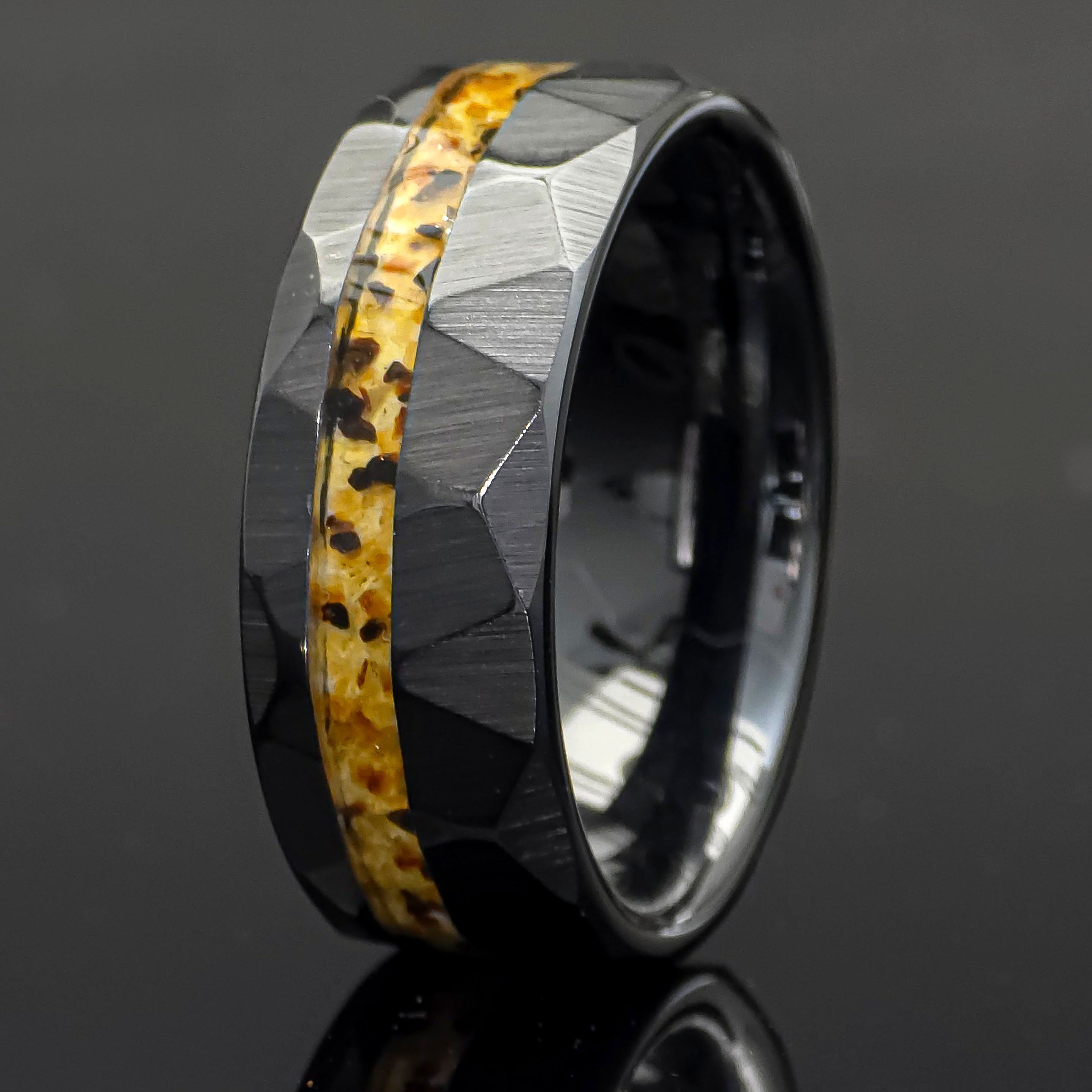 Amber Black Ceramic Faceted Hammered Offset Ring Copperbeard Jewelry