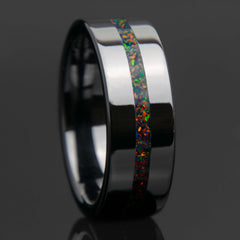 Black Fire Opal With Black Ceramic Center Line Channel Band Copperbeard Jewelry