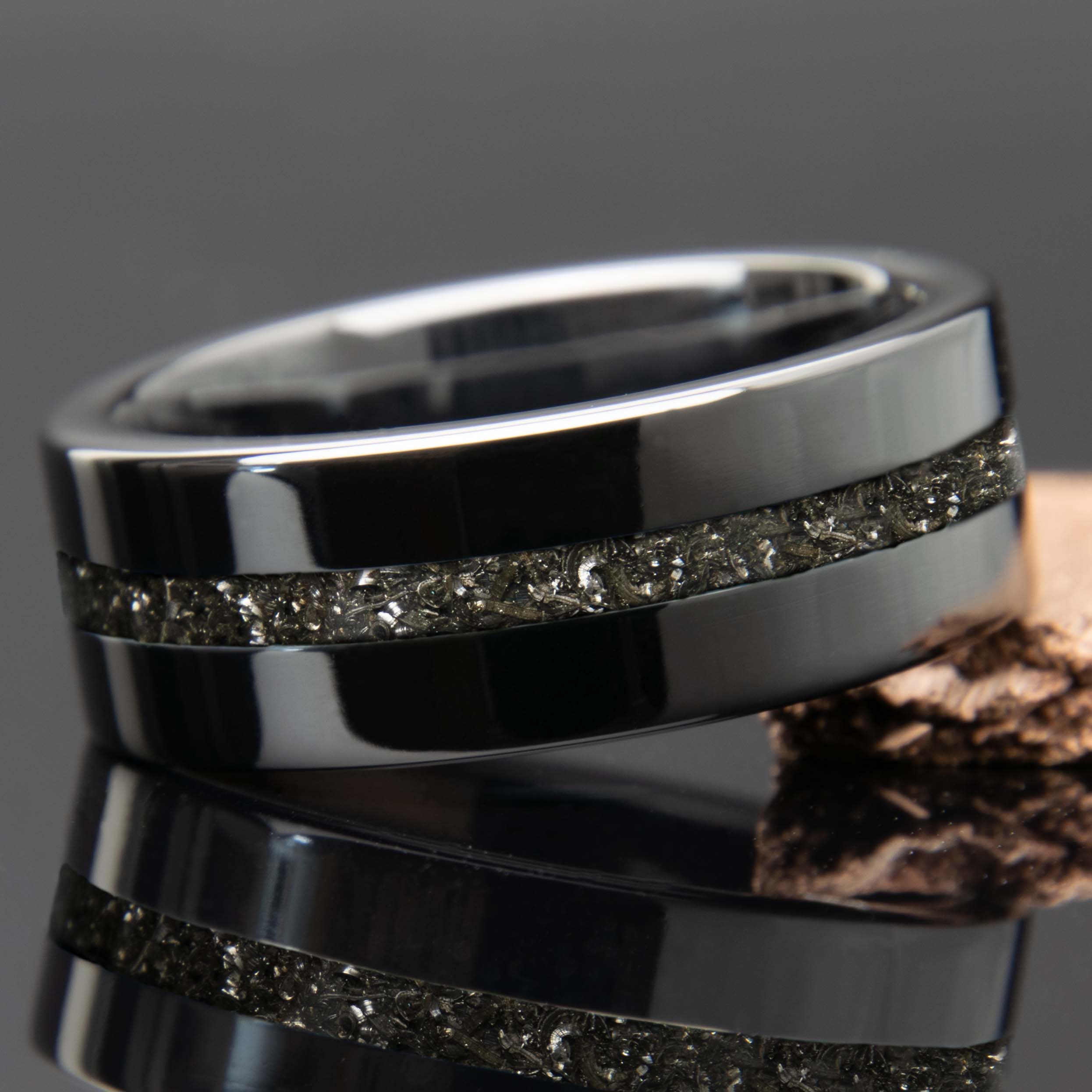 Meteorite Ring With Black Ceramic Center Line Channel Band Copperbeard Jewelry