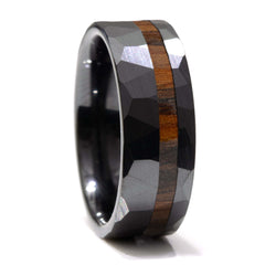 Rosewood Wood Hammered Faceted Offset Black Ceramic Ring Copperbeard Jewelry