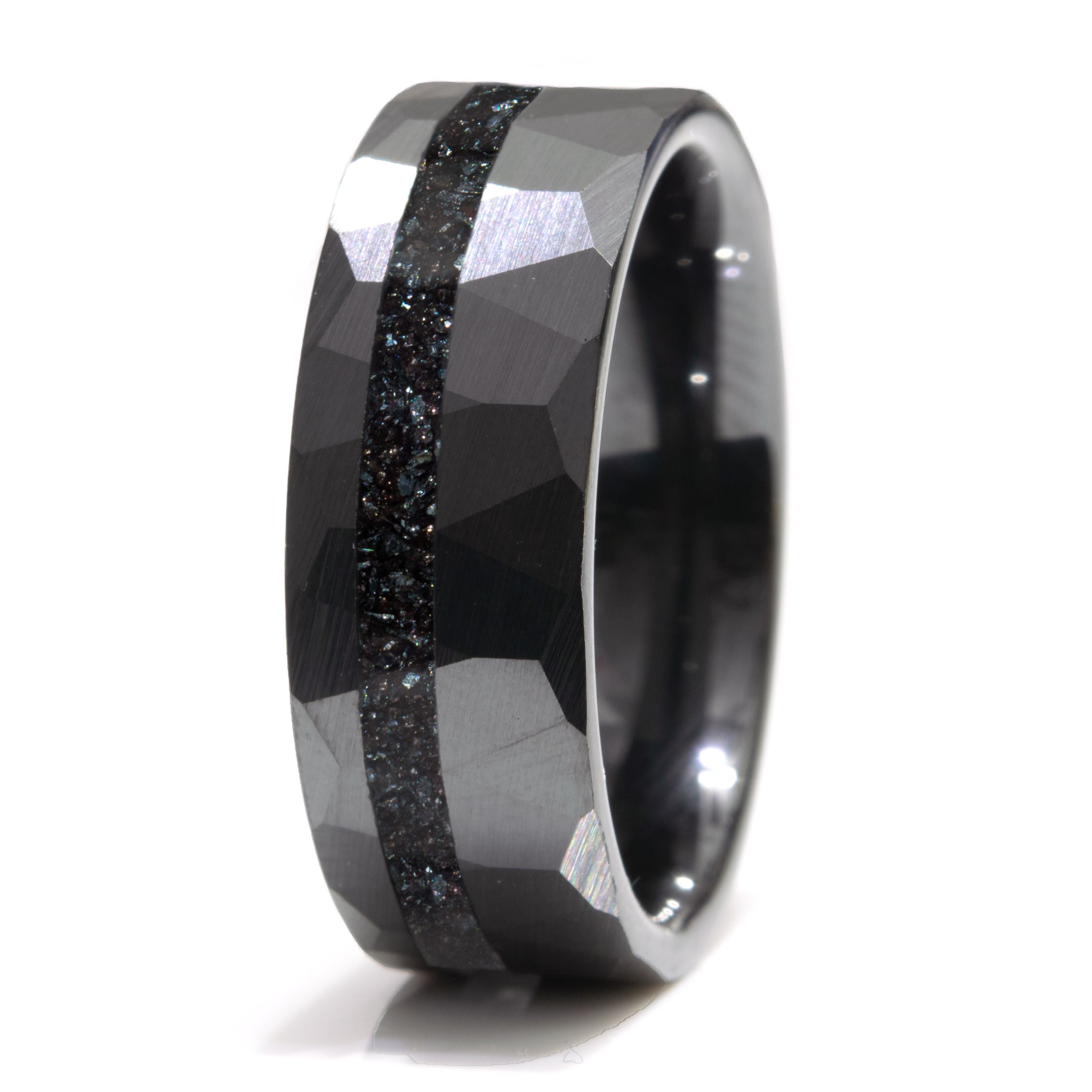 Specularite Hematite Ring With Black Ceramic Hammered Band Copperbeard Jewelry