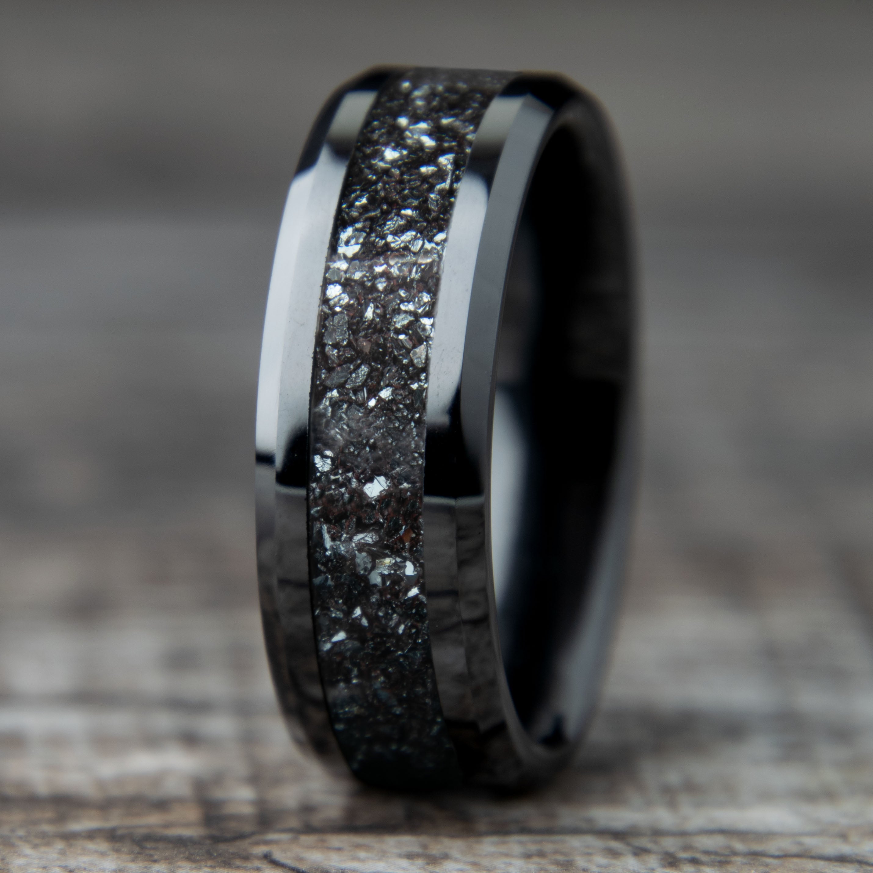 Specularite Hematite Ring With Black Ceramic Band Copperbeard Jewelry