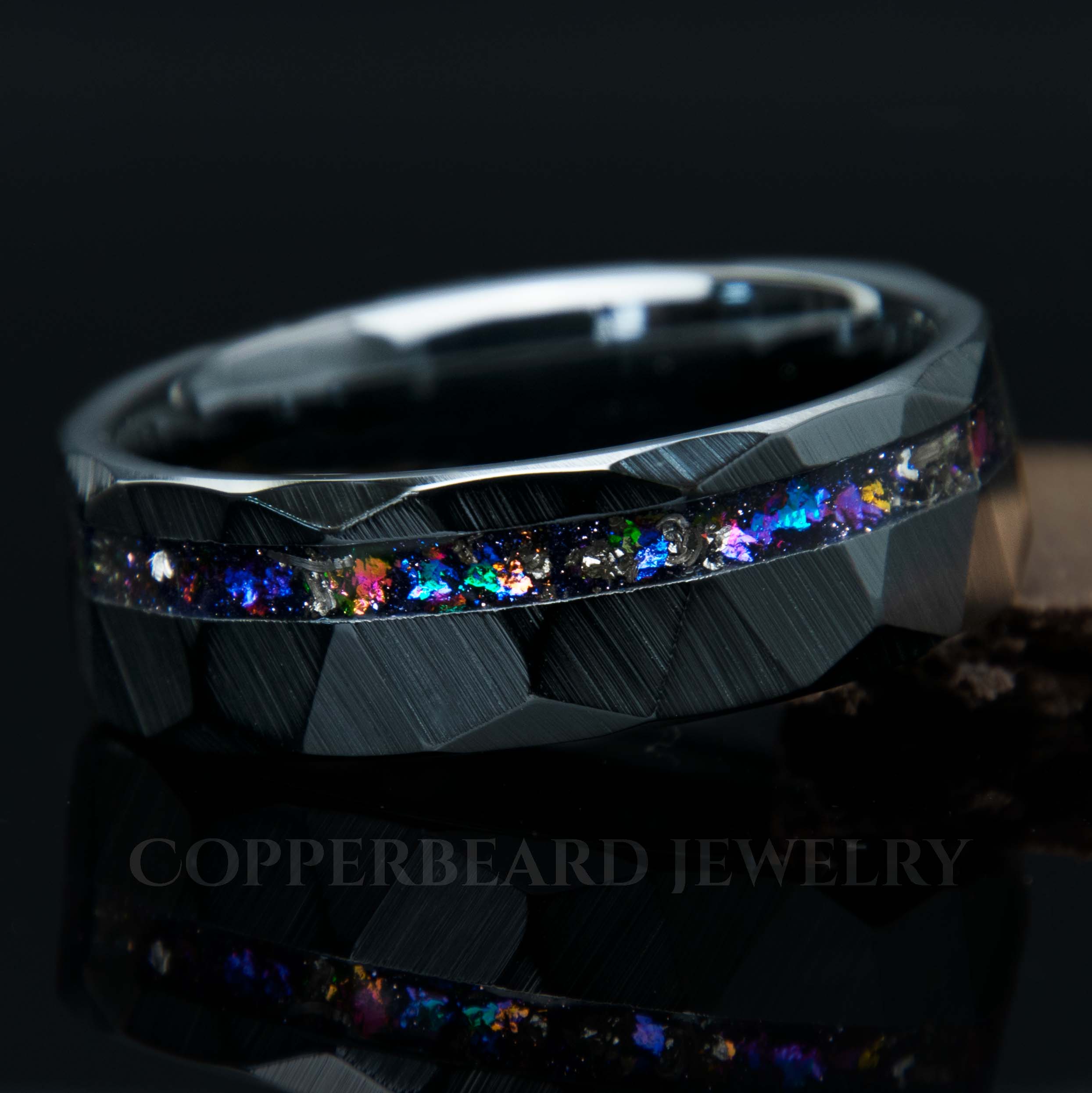 Galaxy Cosmic Flare Hammered Faceted Offset Black Ceramic Ring - Men's Wedding Engagement Ring - Copperbeard Jewelry