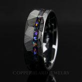 Galaxy Cosmic Flare Hammered Faceted Offset Black Ceramic Ring - Men's Wedding Engagement Ring - Copperbeard Jewelry