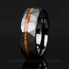 Olive Wood Black Ceramic Faceted Offset Ring - Men's Wedding Ring - Copperbeard Jewelry