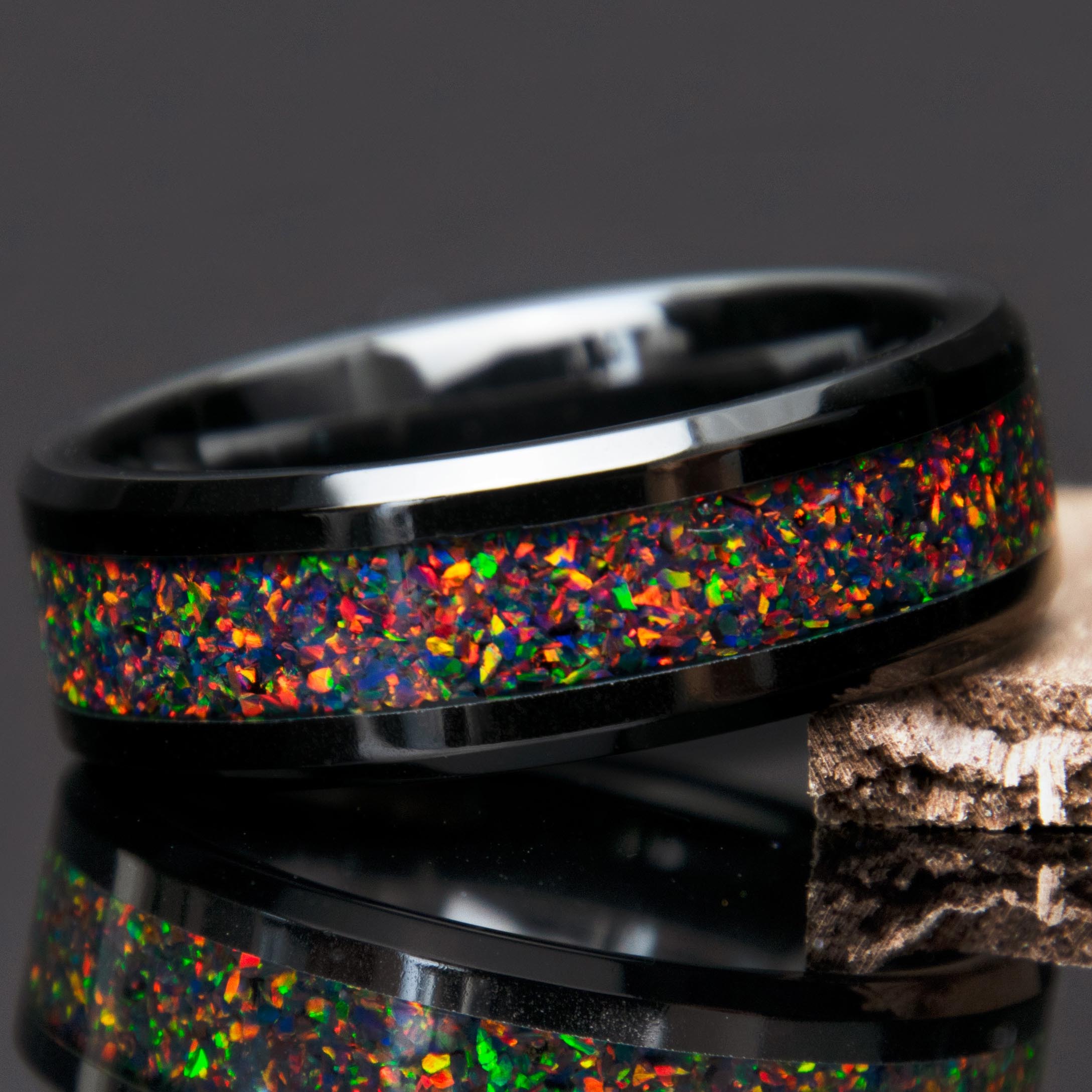 Black Fire Opal Ring With Black Ceramic Band Copperbeard Jewelry