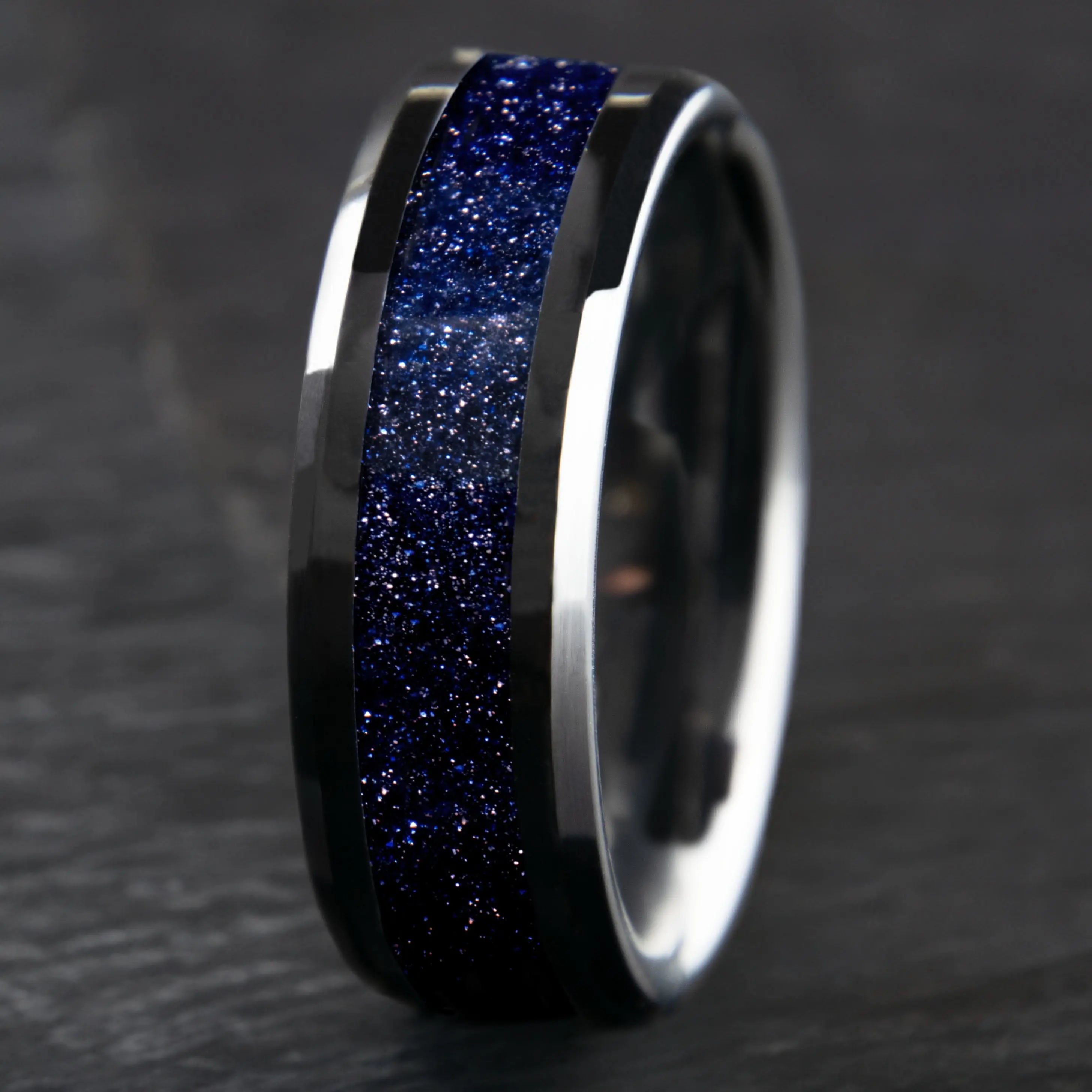 Blue Goldstone Starry Night Ring With Black Ceramic Band Copperbeard Jewelry
