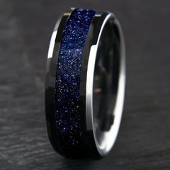 Blue Goldstone Starry Night Ring With Black Ceramic Band Copperbeard Jewelry