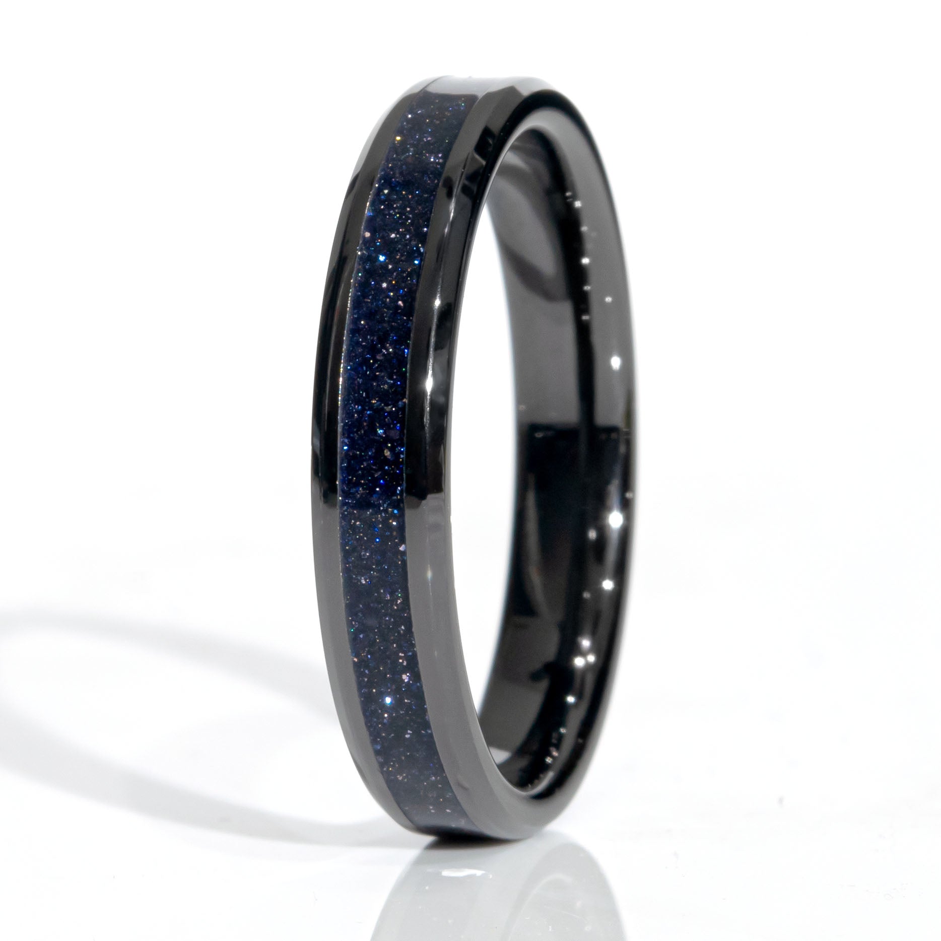 Clearance Blue Goldstone Black Ceramic Ring Size 10 - 4mm Width Copperbeard Jewelry