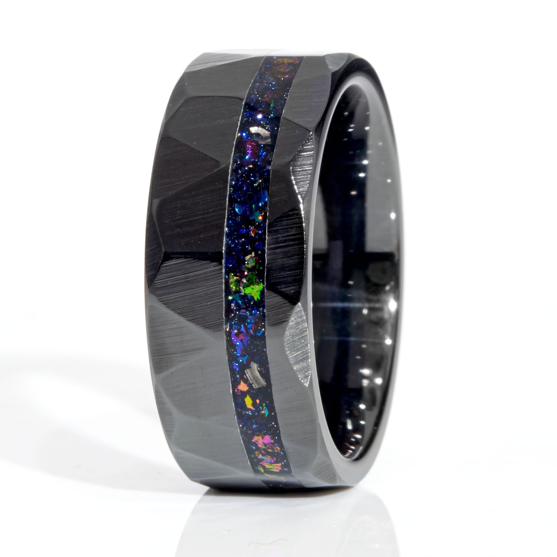 Clearance Galaxy Flare Black Ceramic Faceted Offset Ring Size 7.5 - 8mm Width Copperbeard Jewelry