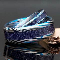His and Hers Starry Night Tungsten Damascus and Blue Goldstone Bands - Matching Wedding Bands - Couples Rings - Copperbeard Jewelry