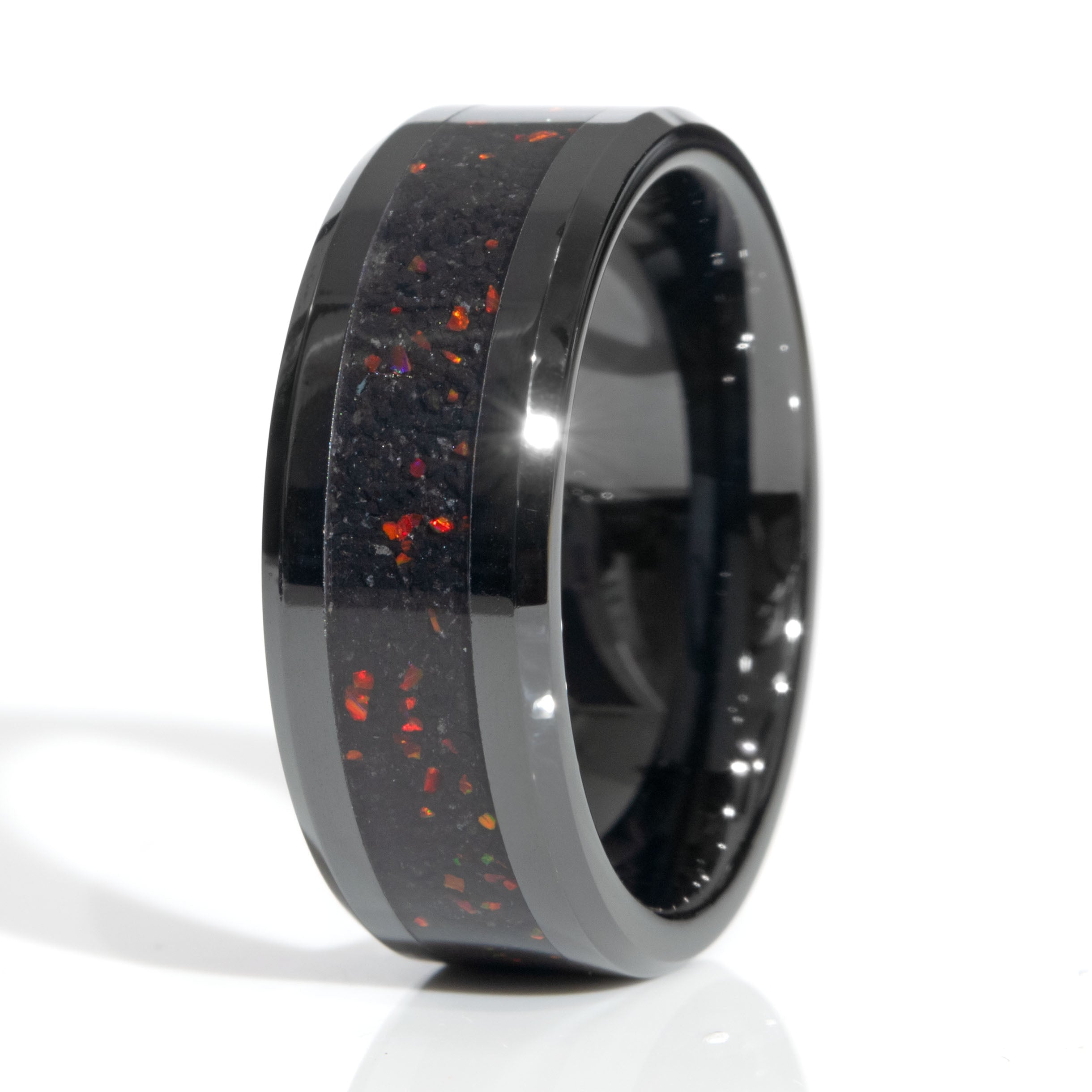 Clearance Lava Rock With Red Opal Black Ceramic Ring Size 9.5 - 8mm Width Copperbeard Jewelry