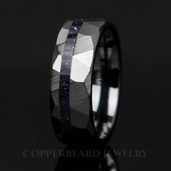 Blue Goldstone Men's Wedding Band Black Ceramic Faceted - Copperbeard Jewelry