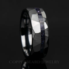 Blue Goldstone Men's Wedding Band Black Ceramic Faceted - Copperbeard Jewelry