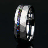 Galaxy Cosmic Flare Hammered Faceted Offset Tungsten Ring - Men's Wedding Engagement Ring - Copperbeard Jewelry