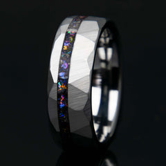 Galaxy Cosmic Flare Hammered Faceted Offset Tungsten Ring - Men's Wedding Engagement Ring - Copperbeard Jewelry