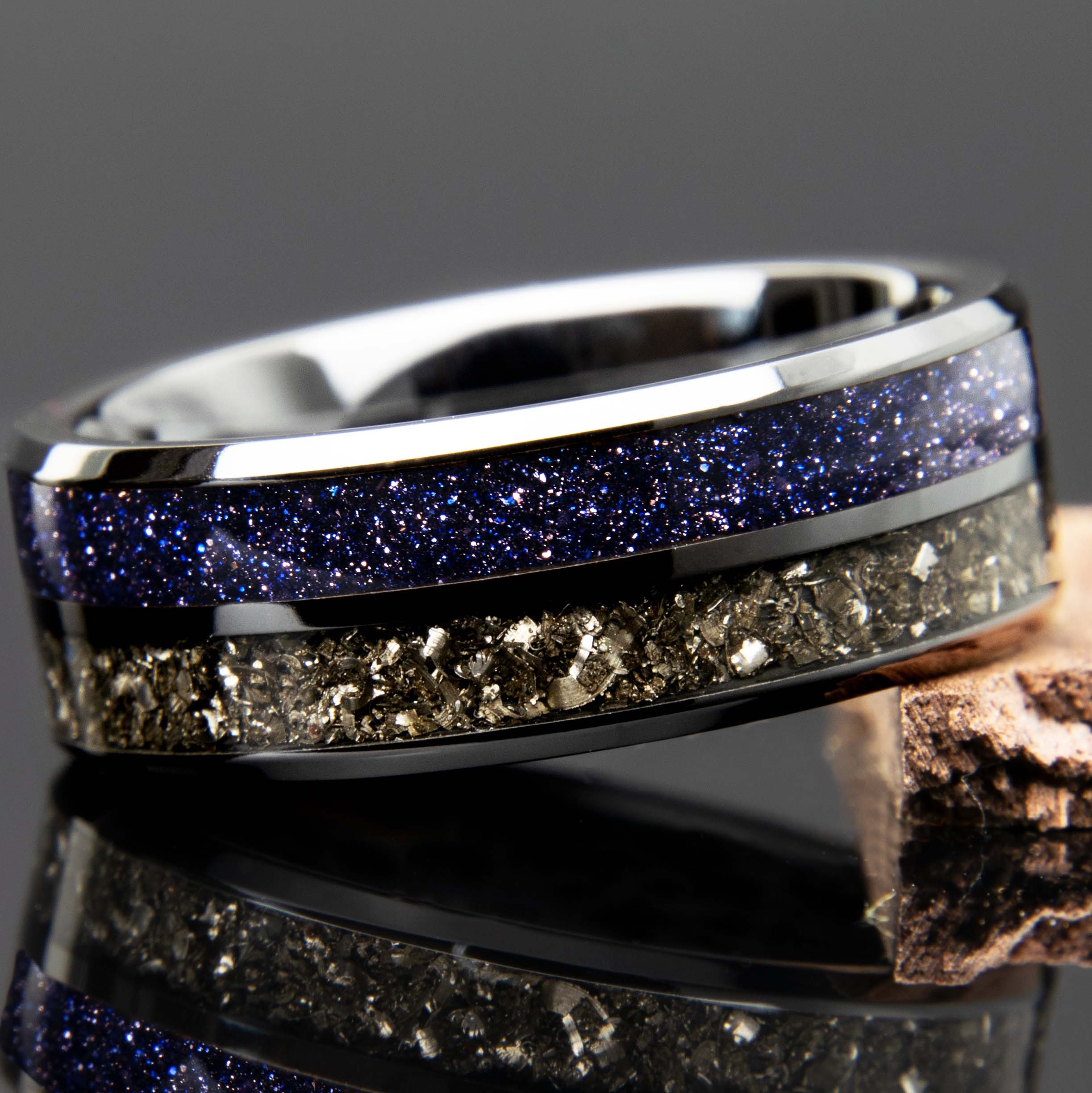 Blue Sandstone And Meteorite Black Ceramic Double Channel Ring - Copperbeard Jewelry