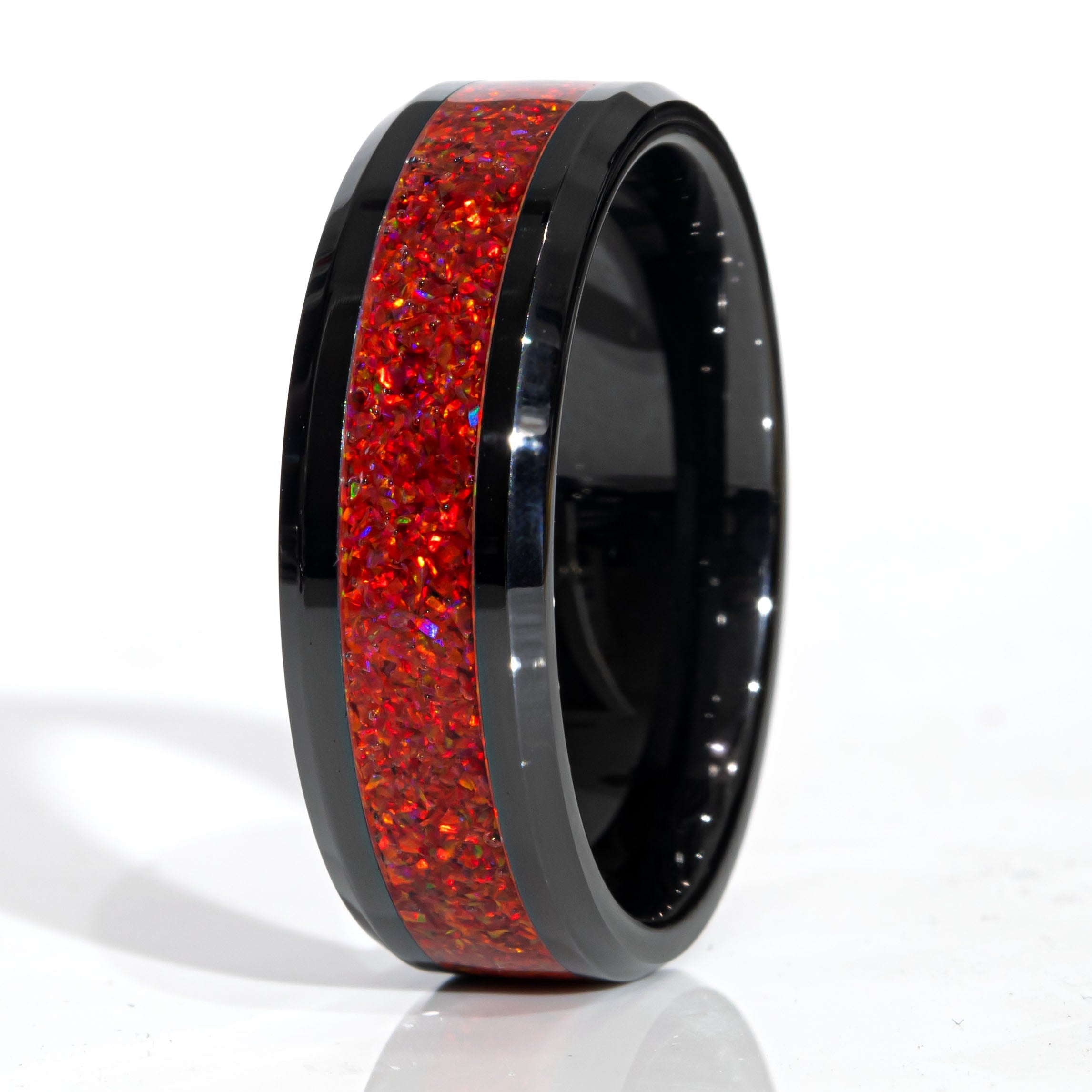 Clearance Red Opal Black Ceramic Ring Size 13.5 - 8mm Width Copperbeard Jewelry