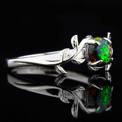 Silver Leaf Branch Black Fire Opal Ring - Nature Inspired Twig Ring - Copperbeard Jewelry