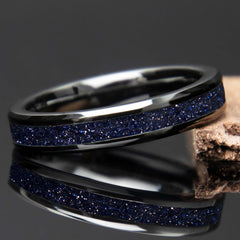 Blue goldstone black ceramic women's wedding band - copperbeard jewelry