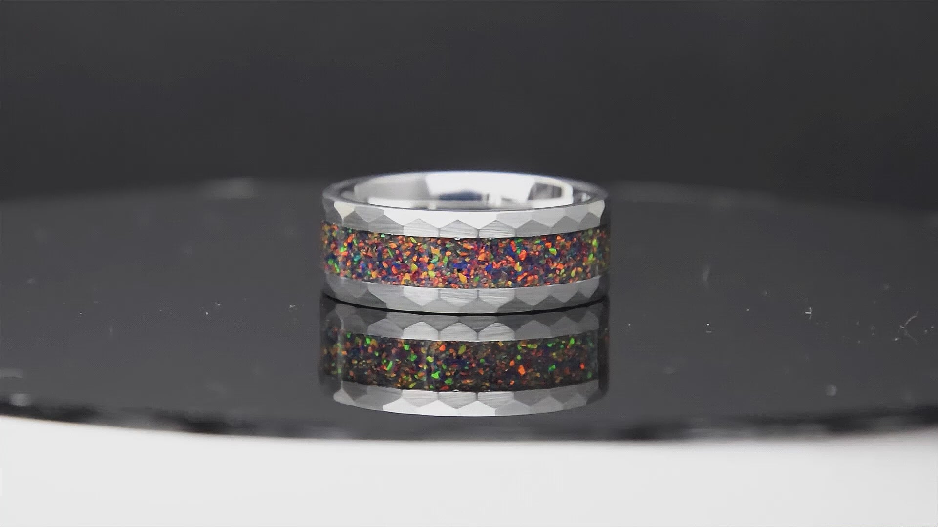 Black Fire Opal Hammered Tungsten Men's Ring