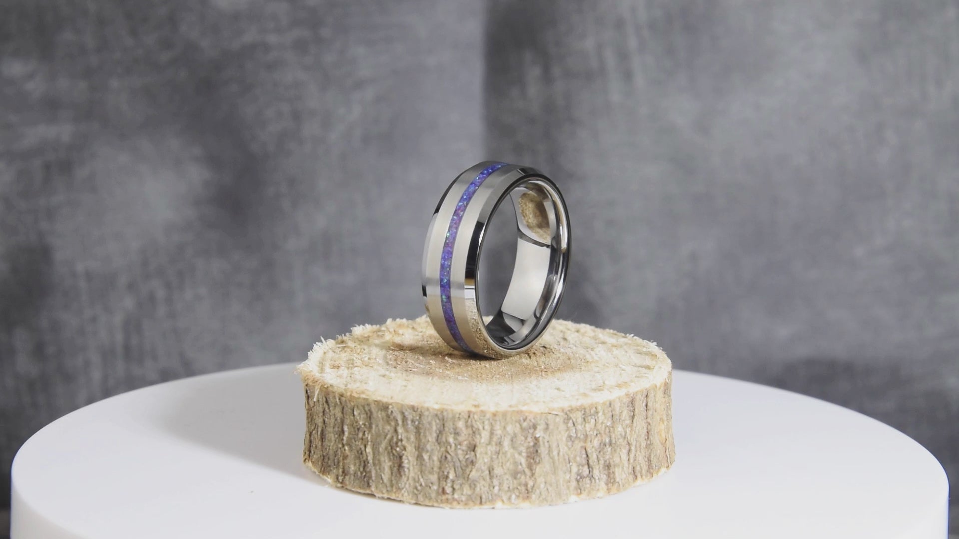 Blue And Purple Opal Ring With Tungsten Thin Line Band