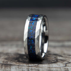 Hammered Tungsten Galaxy Opal And Blue Sandstone Ring Copperbeard Jewelry