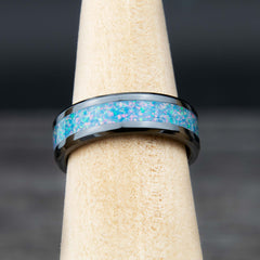 Sky Blue Opal Ring With Black Ceramic Band Copperbeard Jewelry