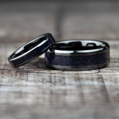 His And Hers Blue Goldstone Wedding Band Set Black Ceramic Copperbeard Jewelry