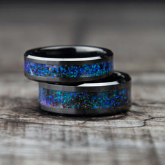 His And Hers Deep Underwater Opal Wedding Band Set Black Ceramic Copperbeard Jewelry