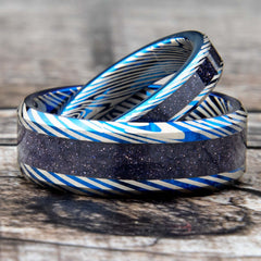 His and Hers Damascus Tungsten Blue Goldstone Wedding Ring Set - Copperbeard Jewelry