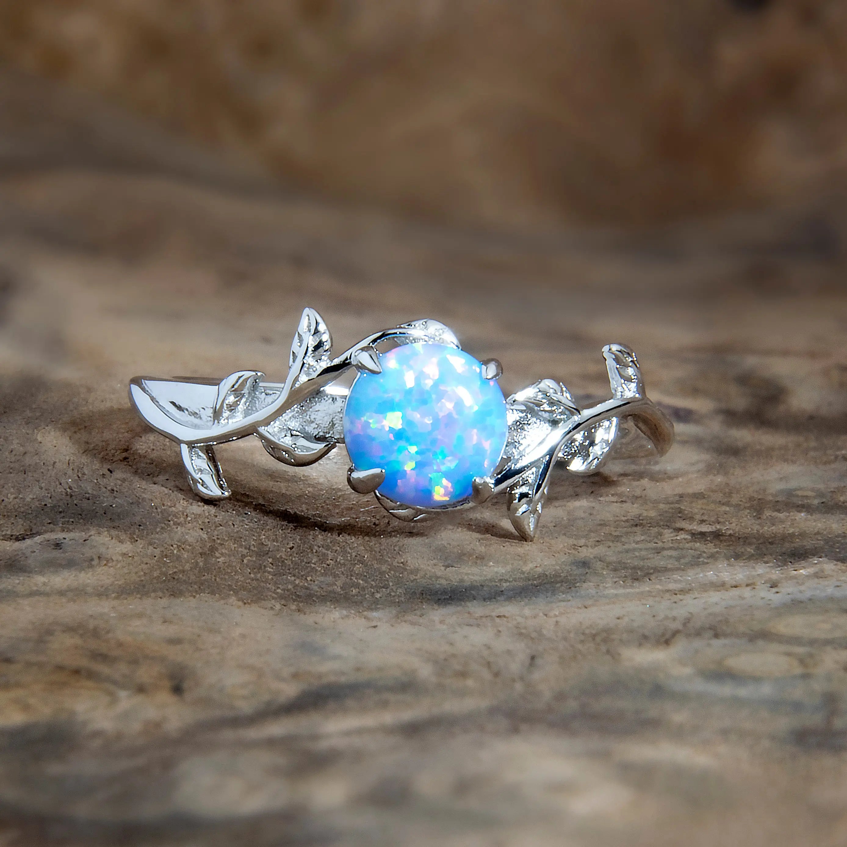 Silver Leaf Branch Sky Blue Opal Ring 8.5