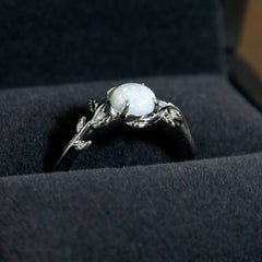 Silver Leaf Branch White Opal Ring Copper Beard Studio