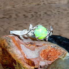 Silver Leaf Honeydew Bright Green Opal Ring Copperbeard Jewelry
