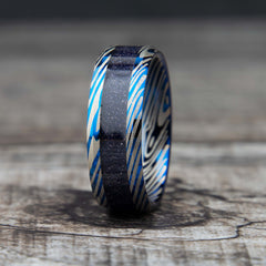 Deep Starry Night Tungsten Damascus Ring With Blue Goldstone Inlay Copperbeard Jewelry