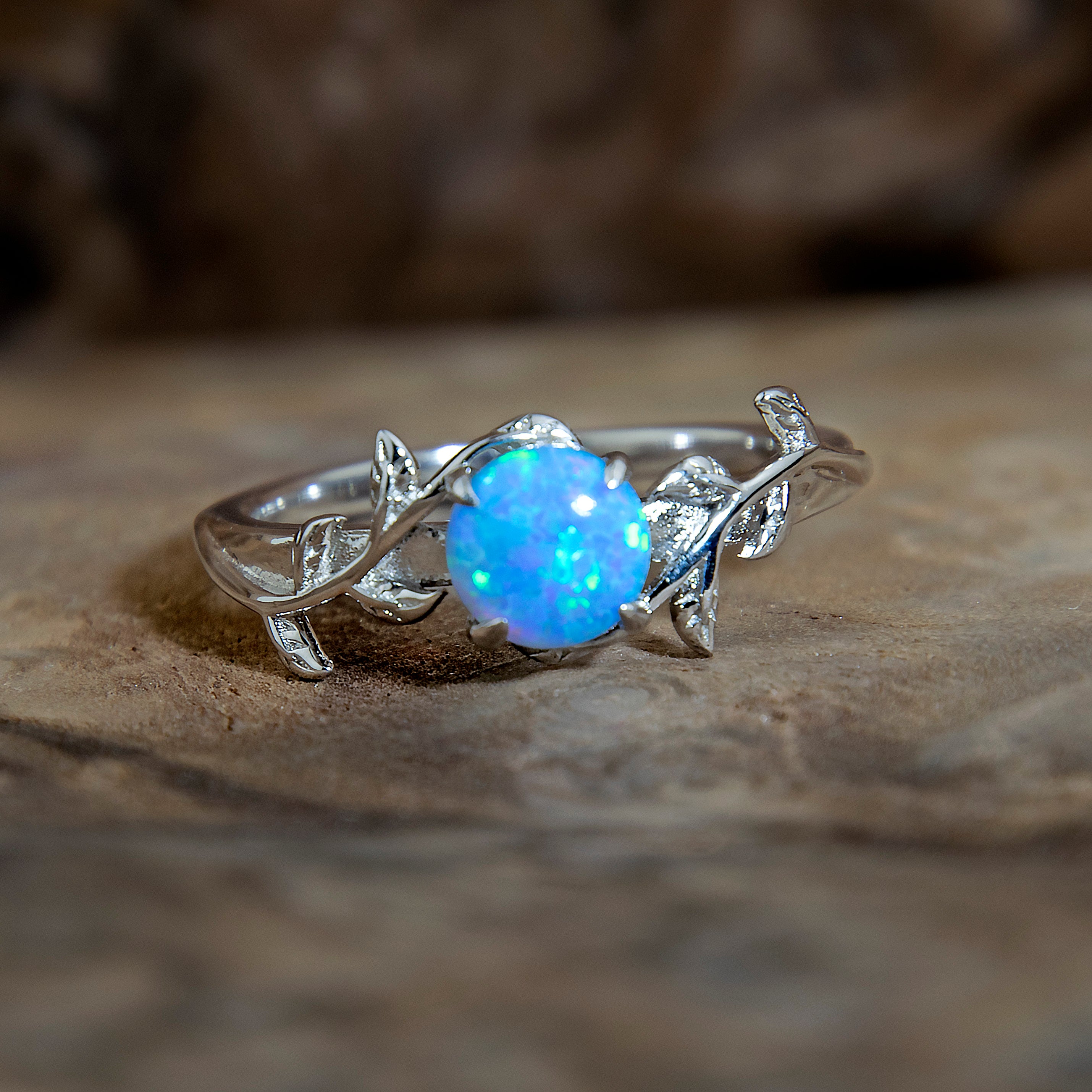 Silver Leaf Branch Azure Light Blue Opal Ring Copperbeard Jewelry