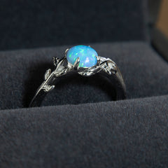 Silver Leaf Branch Azure Light Blue Opal Ring Copperbeard Jewelry