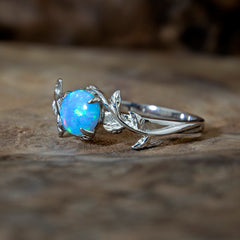 Silver Leaf Branch Azure Light Blue Opal Ring Copperbeard Jewelry