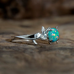 Silver Leaf Branch Fire Turquoise Opal Ring Copperbeard Jewelry