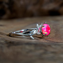 Silver Leaf Branch Hot Pink Opal Ring Copperbeard Jewelry