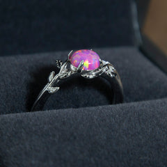 Silver Leaf Branch Rose Pink Opal Ring Copperbeard Jewelry