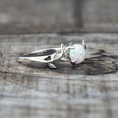 Silver Leaf Branch White Opal Ring Copperbeard Jewelry