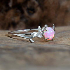 Silver Leaf Angel Skin Pink Opal Ring Copperbeard Jewelry