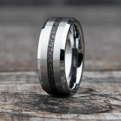 Muonionalusta Meteorite Ring With Tungsten Thin Line Band Copperbeard Jewelry