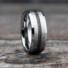 Muonionalusta Meteorite Ring With Tungsten Thin Line Band Copperbeard Jewelry