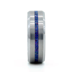 Dark Blue Pink Sparkle Opal Ring With Tungsten Thin Line Band Copperbeard Jewelry