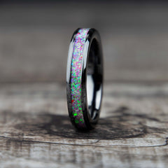 Deep sea coral pink opal black ceramic ring - women's wedding band - copperbeard jewelry