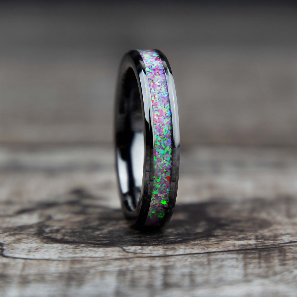 Deep sea coral pink opal black ceramic ring - women's wedding band - copperbeard jewelry